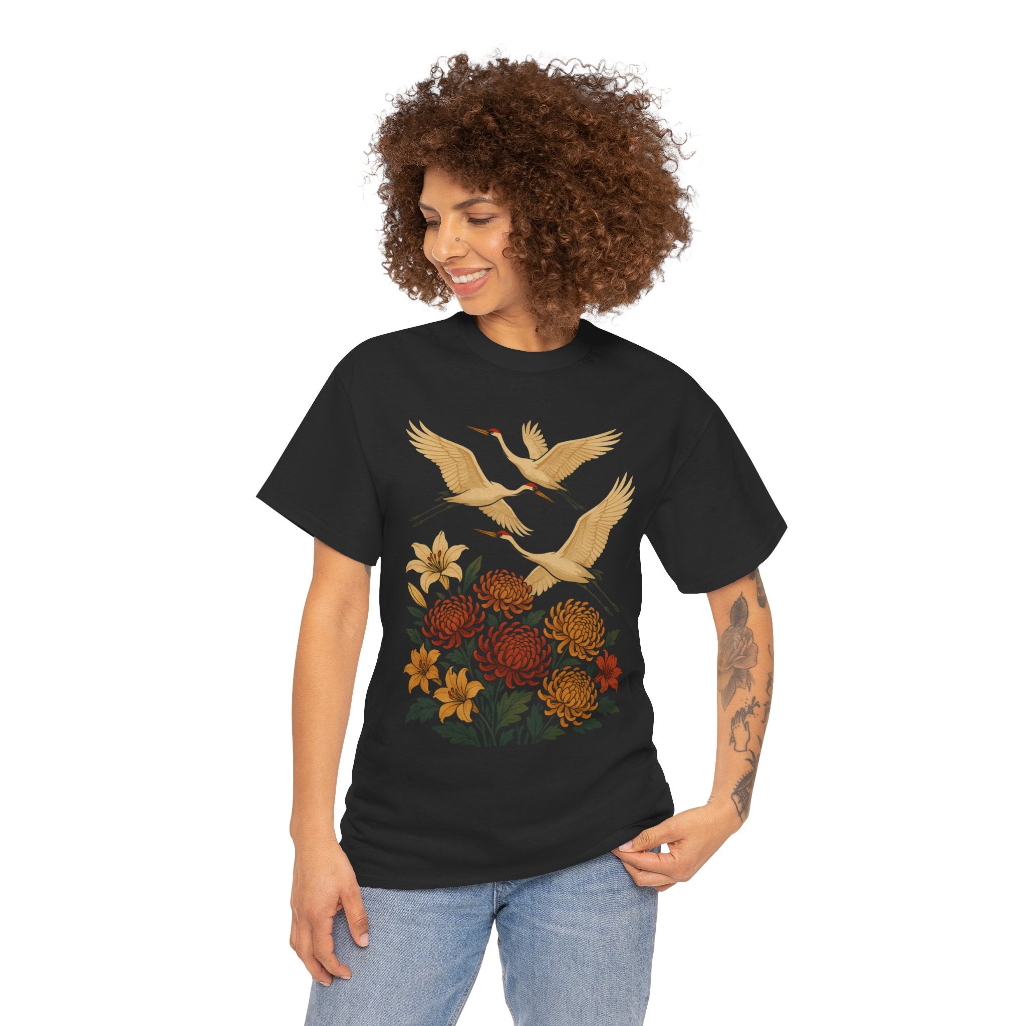 Floral Crane Unisex Heavy Cotton Tee